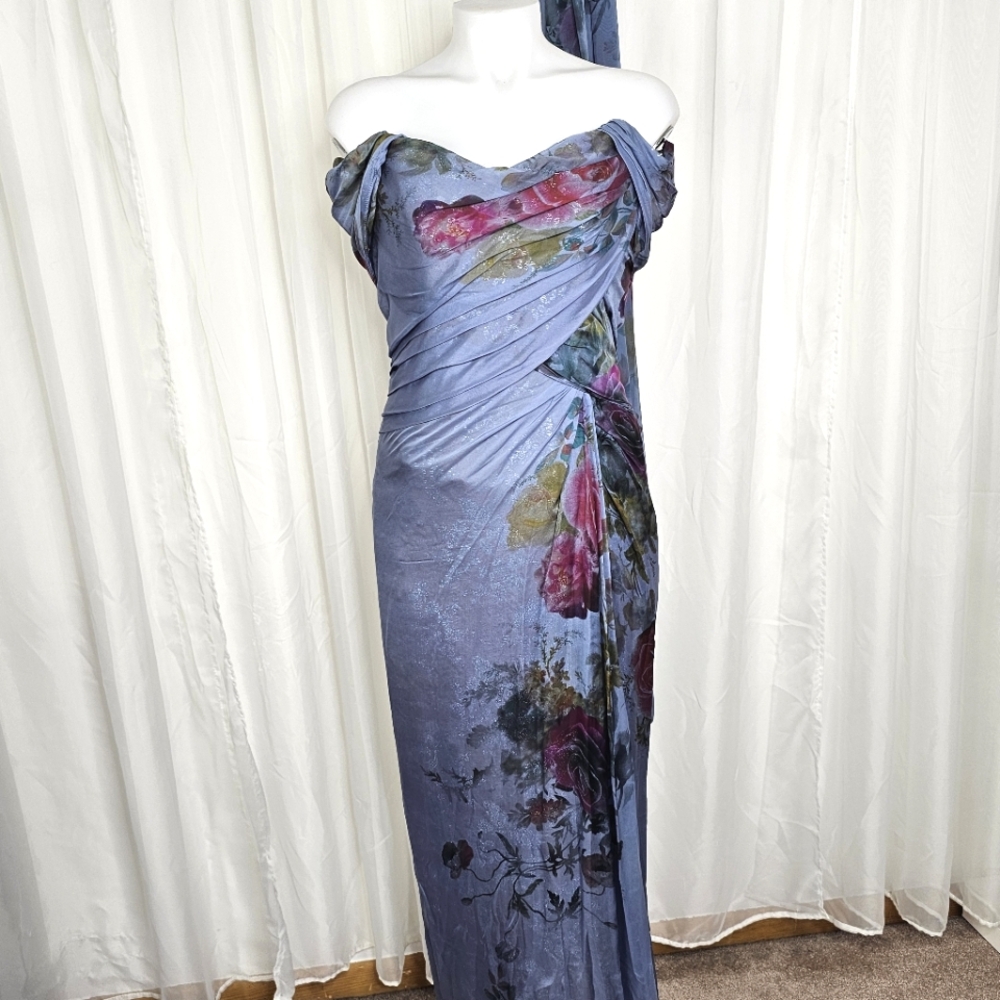 Rene Ruiz Strapless Blue Floral Gown